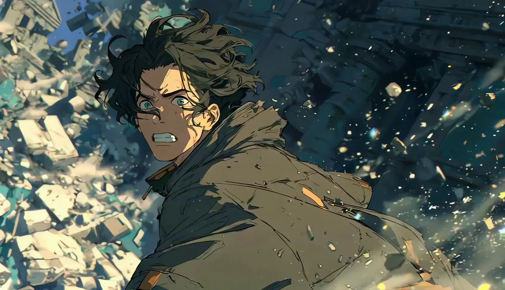 Anime warrior in collapsing ruins